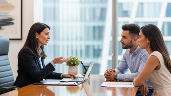 Professional UK immigration solicitor meeting a client couple for spouse visa discussion in a modern law office setting