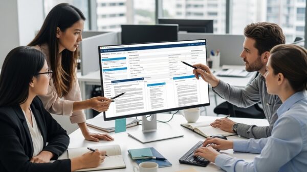 Certificate of Sponsorship (CoS) UK: Guidance for Employers In a professional office environment, an HR team is collaborating around a computer screen, reviewing documents related to visa applications and sponsorship management systems for skilled workers applying for UK visas.