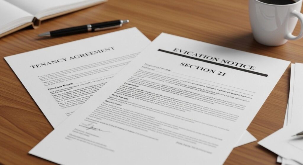 Section 21 eviction notice paperwork placed on a desk alongside a tenancy agreement and other legal documents.