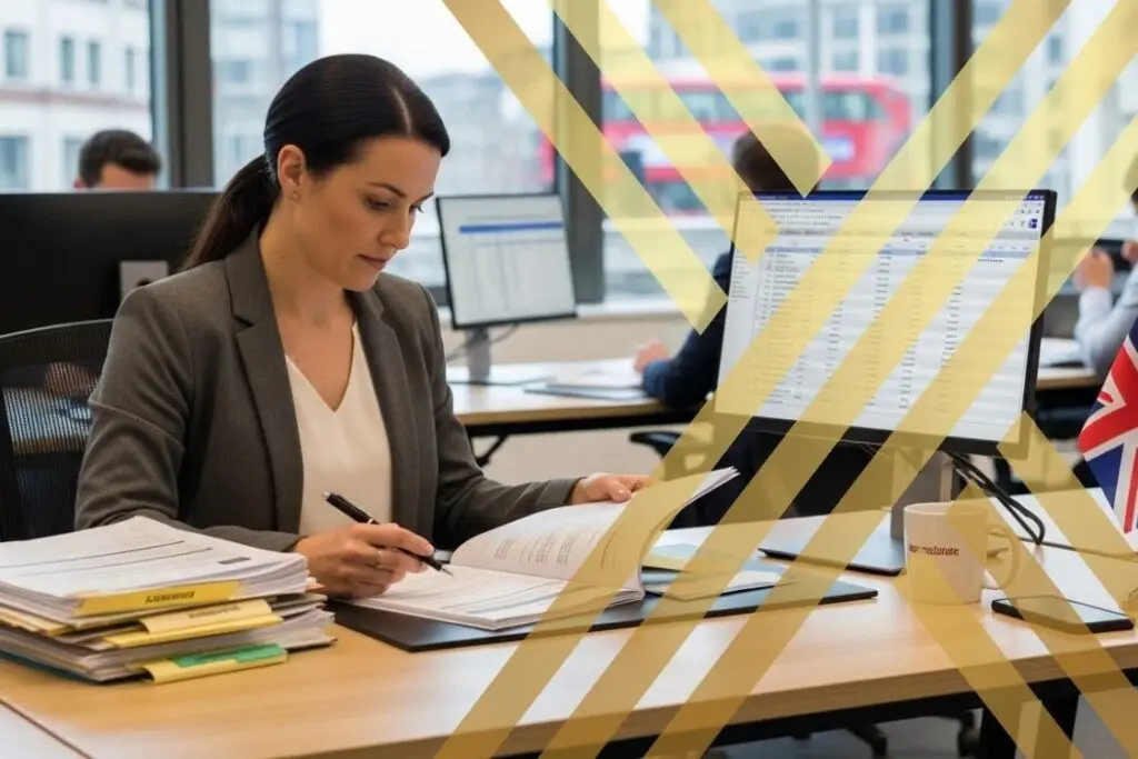 UK professional reviewing visa documents at their desk, representing Skilled Worker visa extension process.
