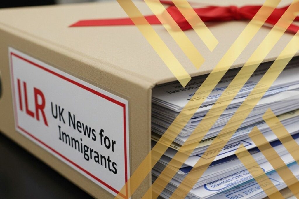 Close-up of a legal file marked “ILR UK News for Immigrants” tied in a ribbon, illustrating key UK visa and settlement updates.
