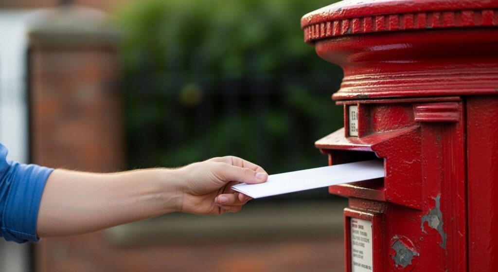 A hand dropping a document envelope into a postbox outside a courthouse, representing submission of the witness statement via post.