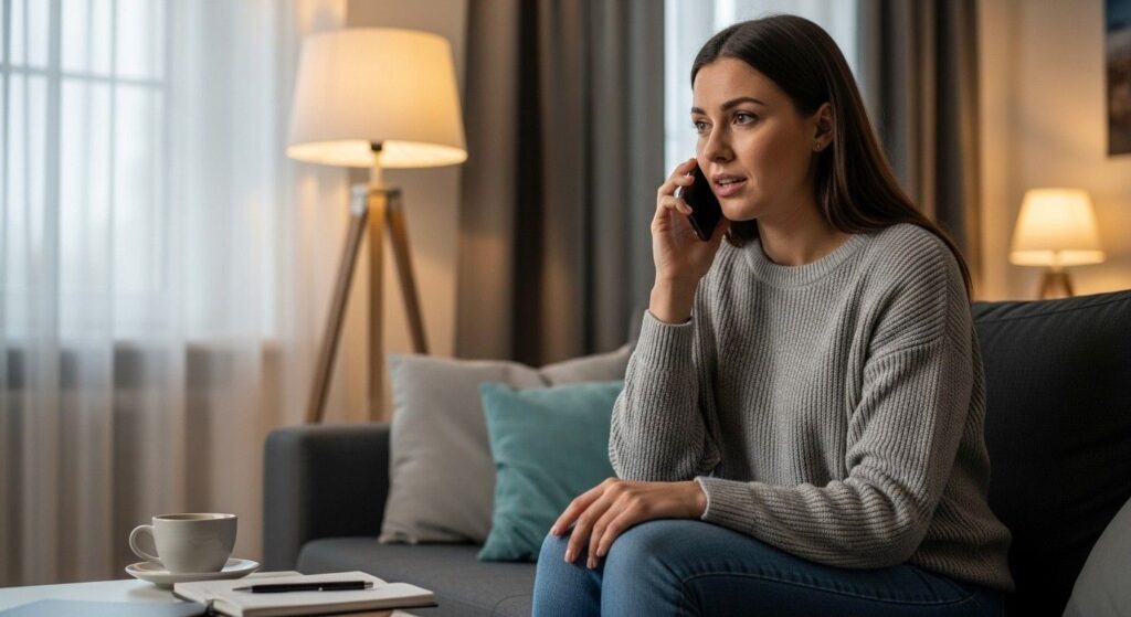A concerned woman speaking on the phone in a living room, looking relieved after seeking legal advice related to application for non-molestation orders.