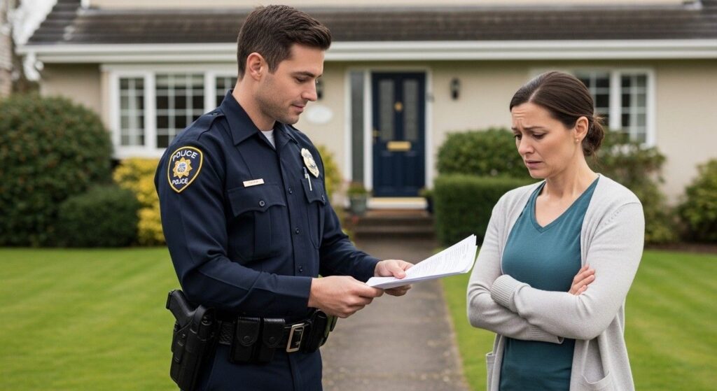 A police officer handing documents to a concerned woman outside a residential home, symbolising enforcement of a non-molestation order.