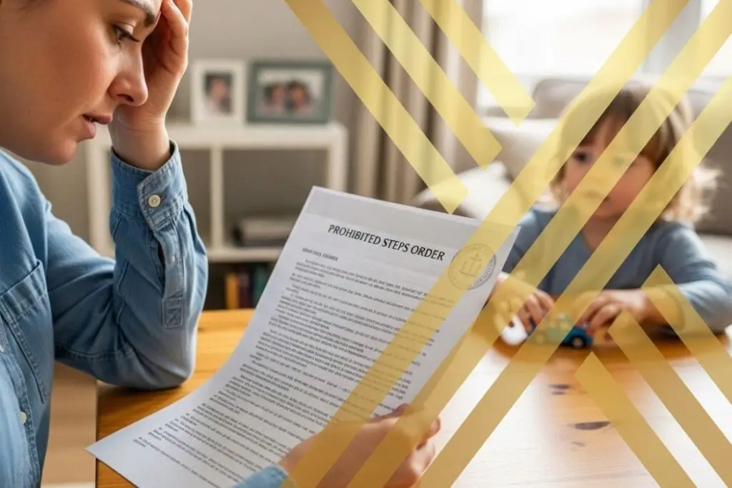 A worried parent reading a prohibited steps order document with a child sitting nearby, illustrating the legal restriction on parental actions.