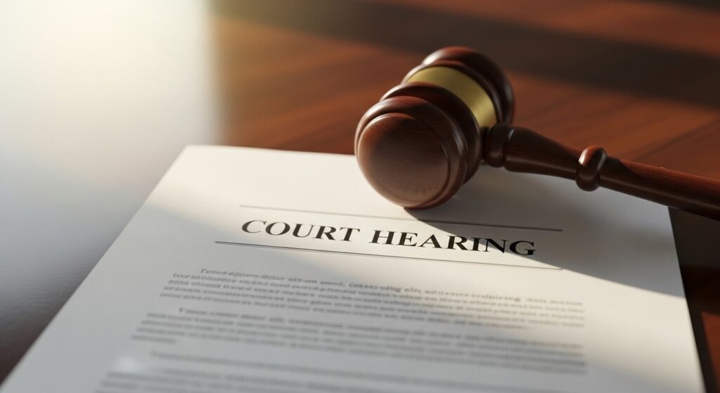 Gavel resting on a court document, representing the immediate legal consequences and emergency hearings following a breach of a prohibited steps order.