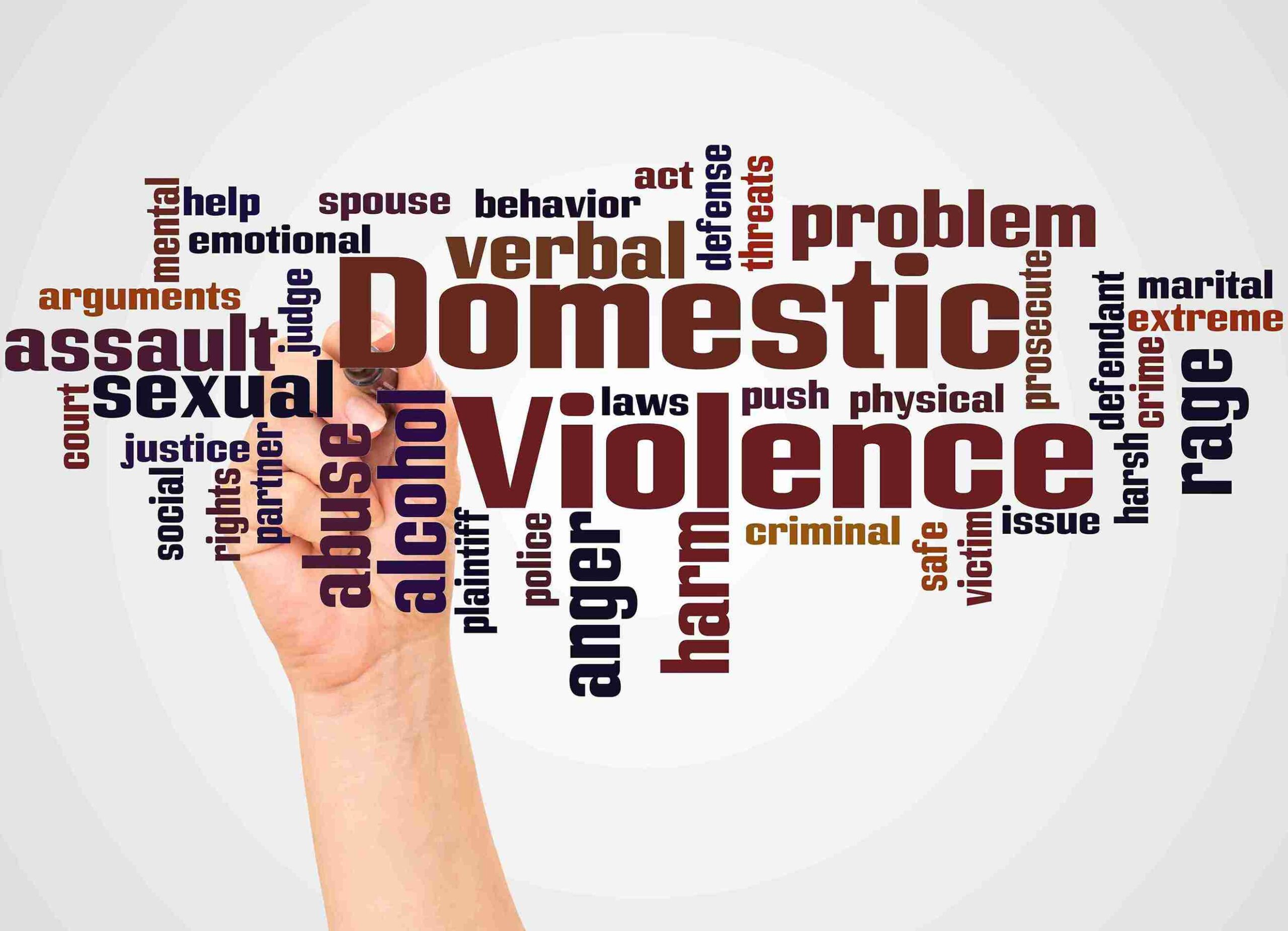 A hand writes "Domestic Violence" in bold brown letters surrounded by related terms like "abuse," "sexual," and "anger" in various colors.