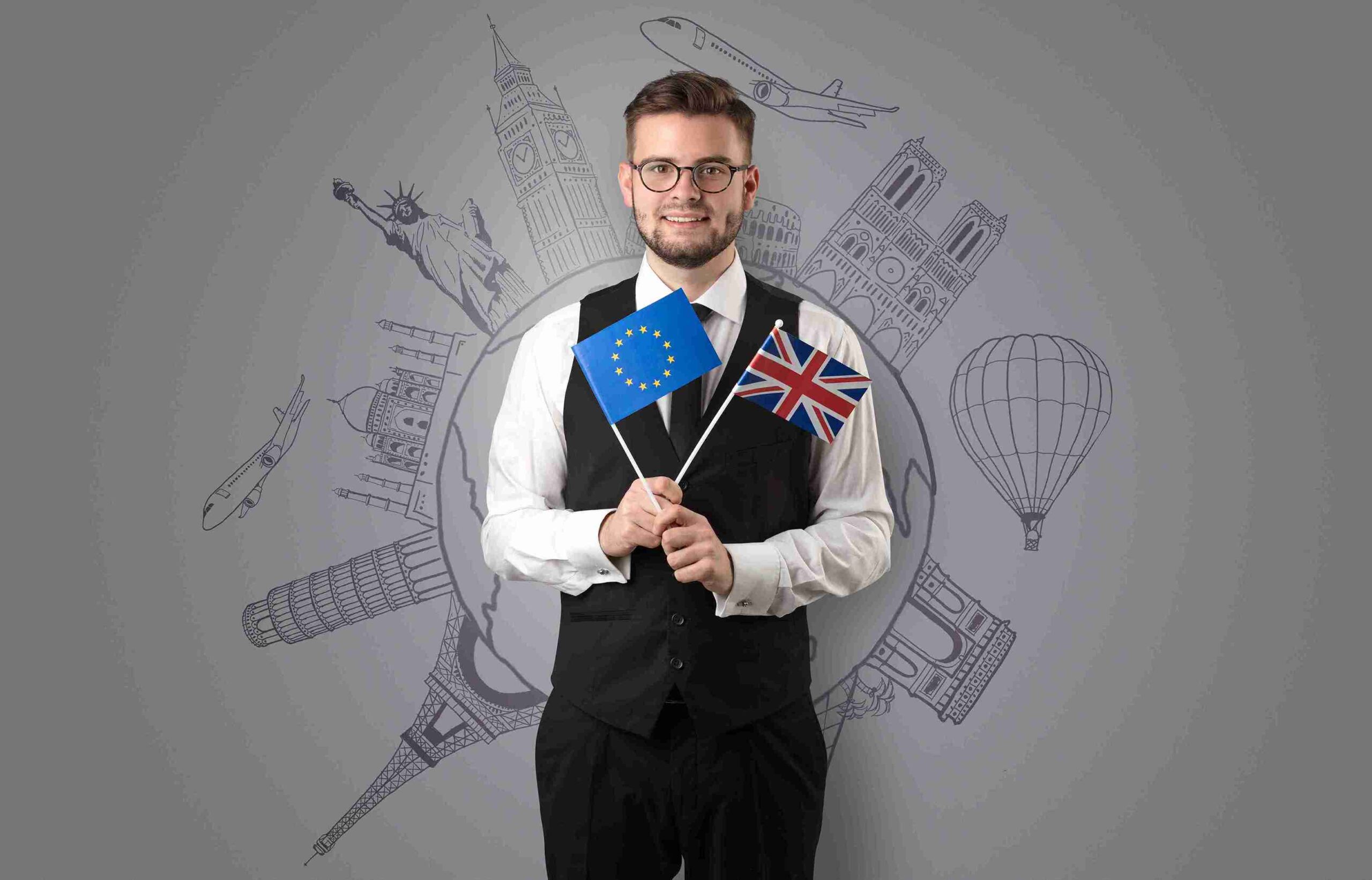 A smiling man holding EU and UK flags against global landmarks, representing international mobility and the UK Global Talent Visa.