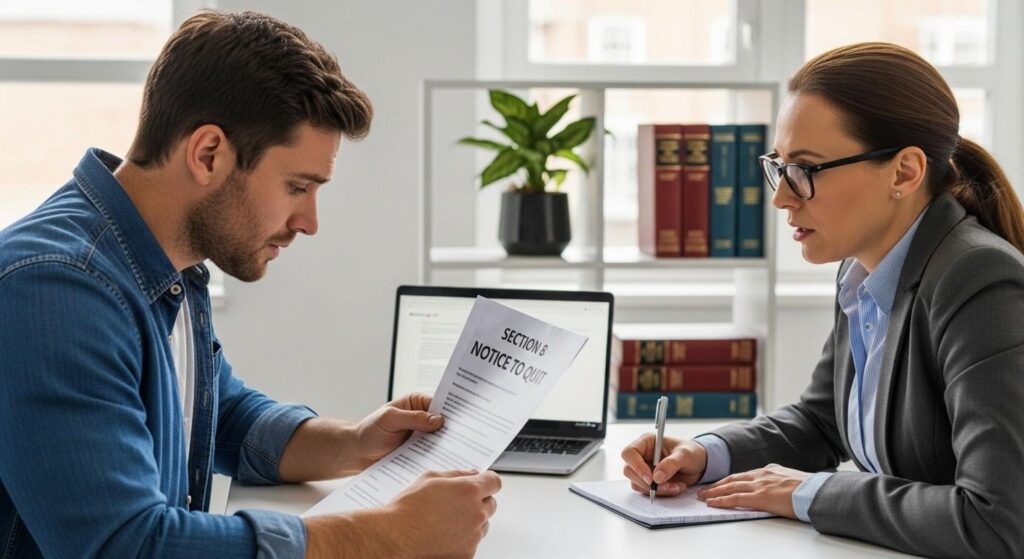 Tenant reviewing a Section 8 eviction notice with a housing solicitor in an office setting and discussing the options to challenge it.