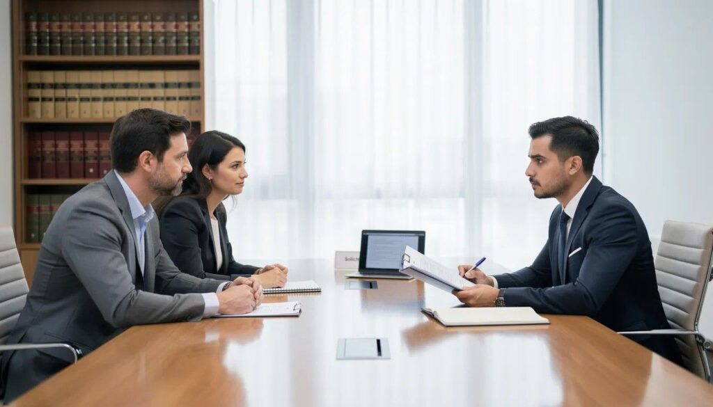  Professional consultation meeting between a solicitor and clients, where they discuss the skilled worker visa application process to avoid refusals.