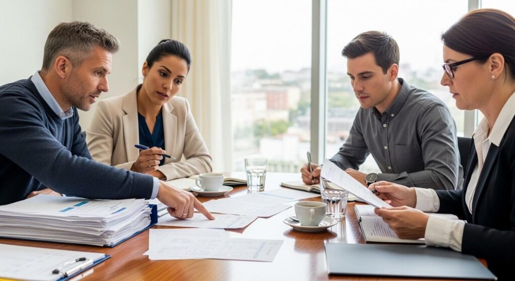 Small group of people in a casual meeting room discussing paperwork and invoices, representing a dispute under the small claims track.