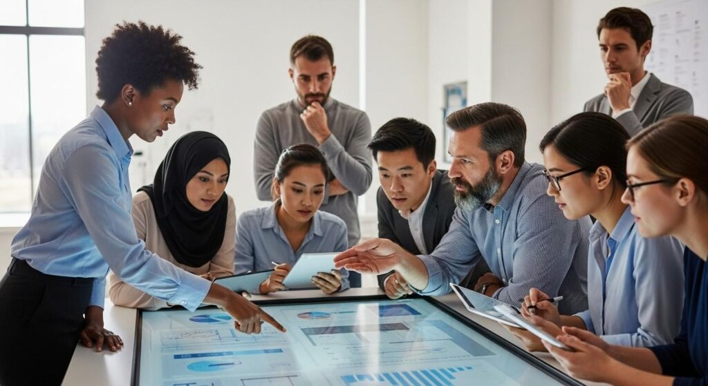  Group of diverse professionals collaborating in a modern office setting, showcasing a dynamic work environment. This scene highlights the importance of teamwork and inclusivity in the workplace, reflecting the broad range of skills and backgrounds that contribute to success in various sectors, including discussions around UK immigration rules and pathways to British citizenship.
