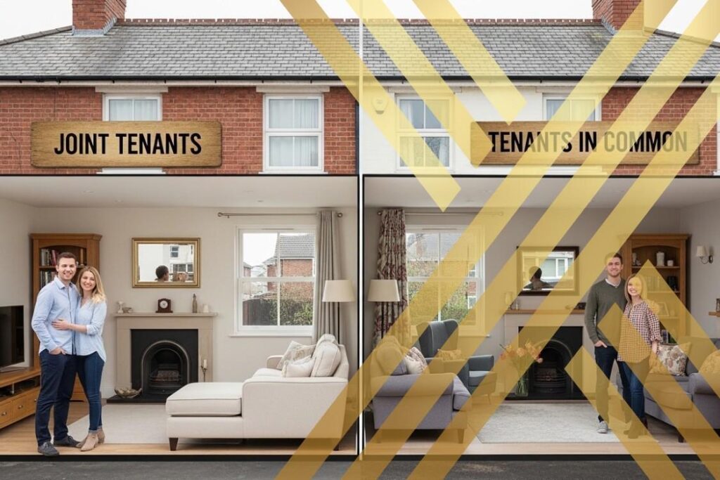 UK property split illustration showing the difference between joint tenants and tenants in common with defined shares.