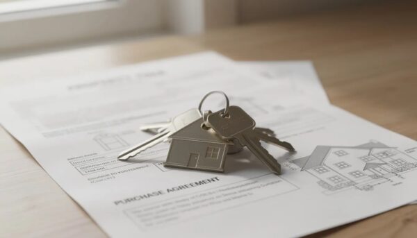 A set of house keys rests on top of property documents, symbolising the concept of joint ownership and the legal processes involved in property purchase.