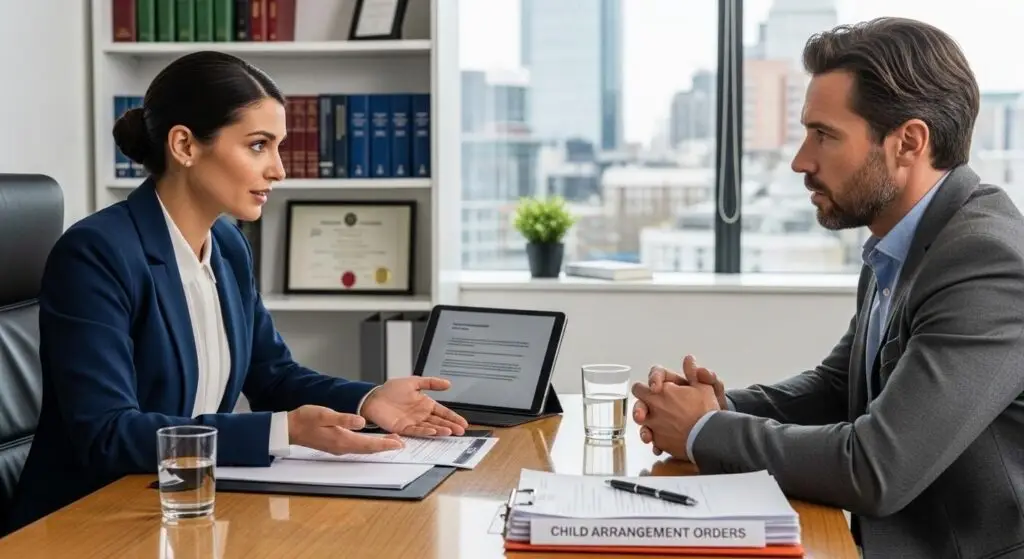 Professional solicitor engaged in a discussion with a concerned parent in a modern office setting discussing child arrangement orders and parental responsibility.