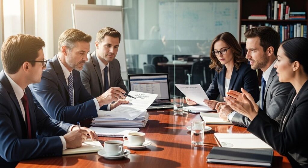 Professional meeting, where several individuals are gathered around a table covered with documents, discussing limitation matters and exceptions applied.