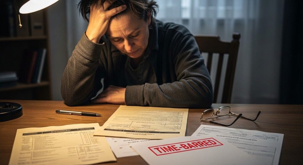 Person looking stressed with old invoices and documents placed on table representing time-barred legal claims.