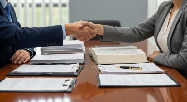 Two people shaking hands across a table after reaching an agreement through mediation in a UK legal context.