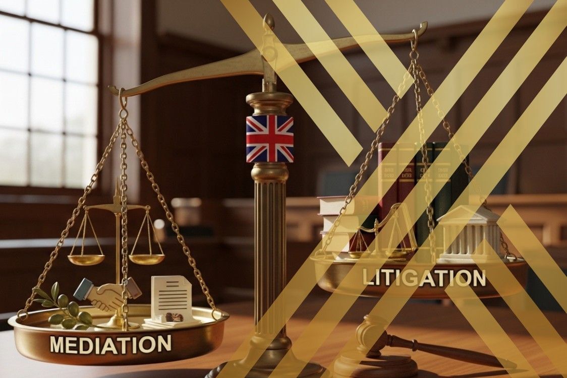 Scales of justice representing the comparison of mediation vs litigation for dispute resolution in the UK.