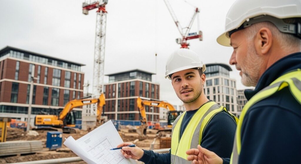 Graduate engineer reviewing plans on a UK construction site, representing new entrant skilled worker roles such as junior engineers or architects.