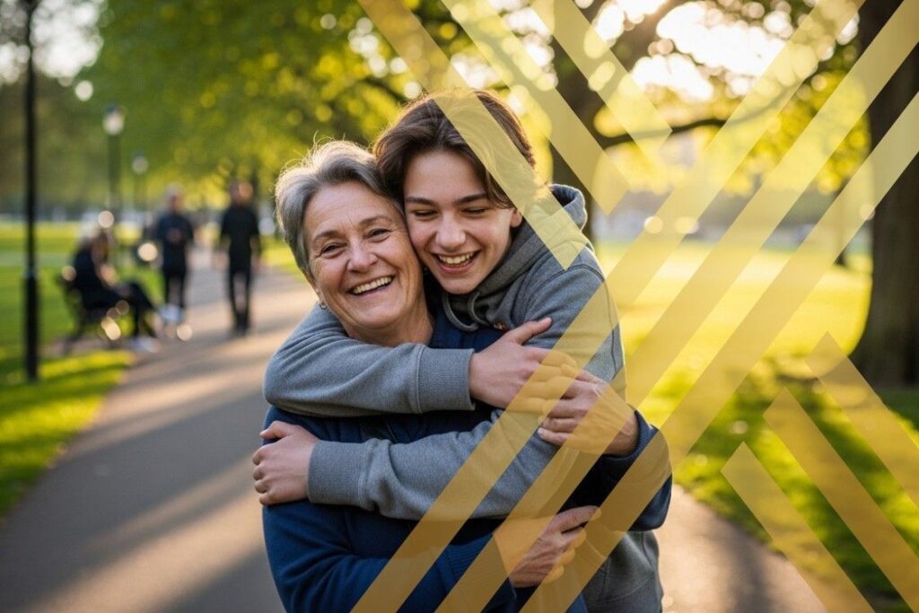A parent is joyfully embracing their teenage child in a lush park, surrounded by greenery, symbolising the importance of parents for child's upbringing.