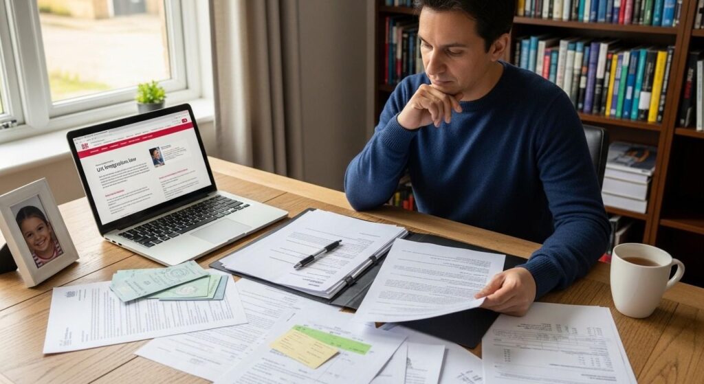 A parent of a British child is seated at a desk, reviewing various documents, while considering their options for a parent visa application under UK immigration law.
