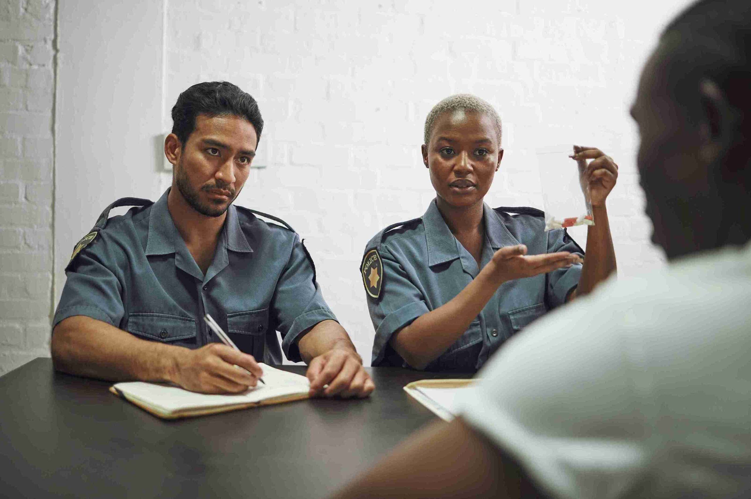 Police officers reviewing evidence at table, representing strong bail applications seeking release from detention.