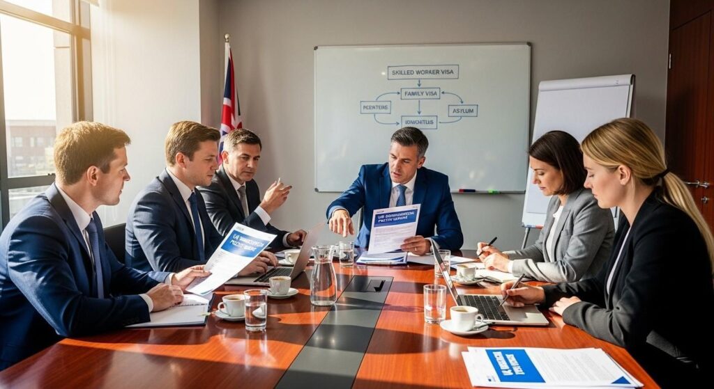 Professional office meeting where several individuals are gathered around a table, reviewing documents and discussing important matters related to UK immigration rules and policies.