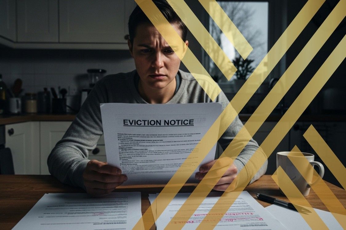 A person sits at a kitchen table, looking concerned as they review eviction notice and legal paperwork related to their tenancy agreement.