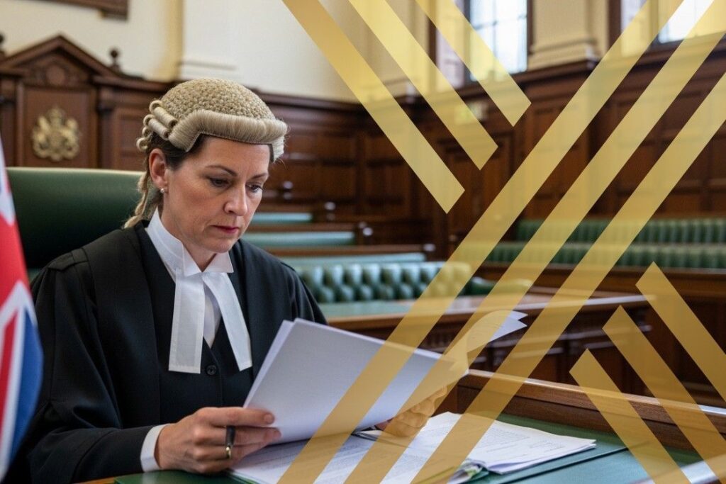 A judge is seated at a wooden desk in a courtroom, meticulously reviewing legal documents related to a summary judgment application.