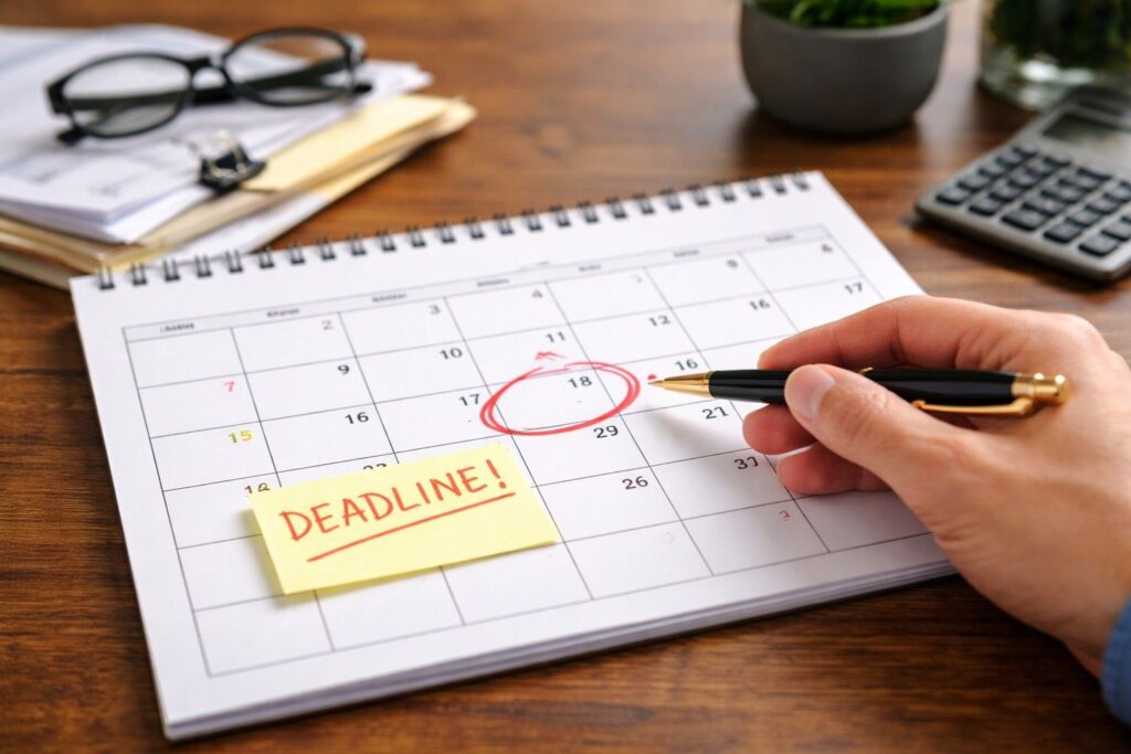 Close-up of a calendar with a marked deadline and a person pointing at a specific date, representing legal time limits for claims.