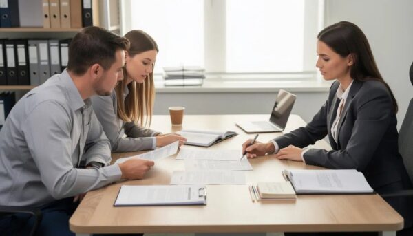 The image shows two individuals seated at a table, reviewing paperwork with a solicitor, discussing the change of property ownership from joint tenancy to tenancy in common.