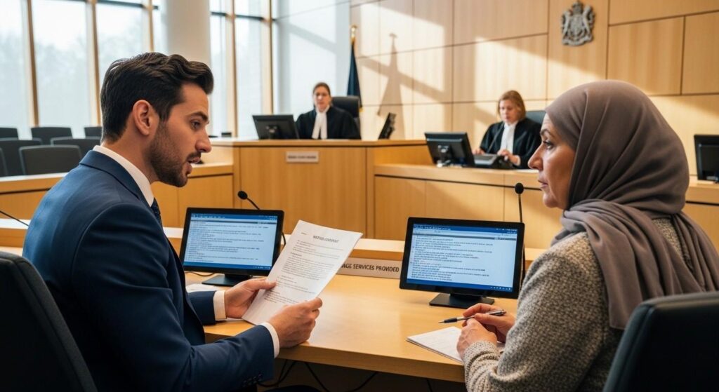 Translator reading a witness statement aloud to a non-English speaking client, showing accessibility measures in court proceedings.