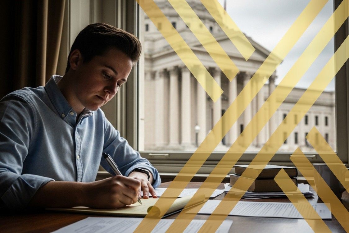Person writing a witness statement at a desk with a court building in the background, representing preparing legal documents in England and Wales.