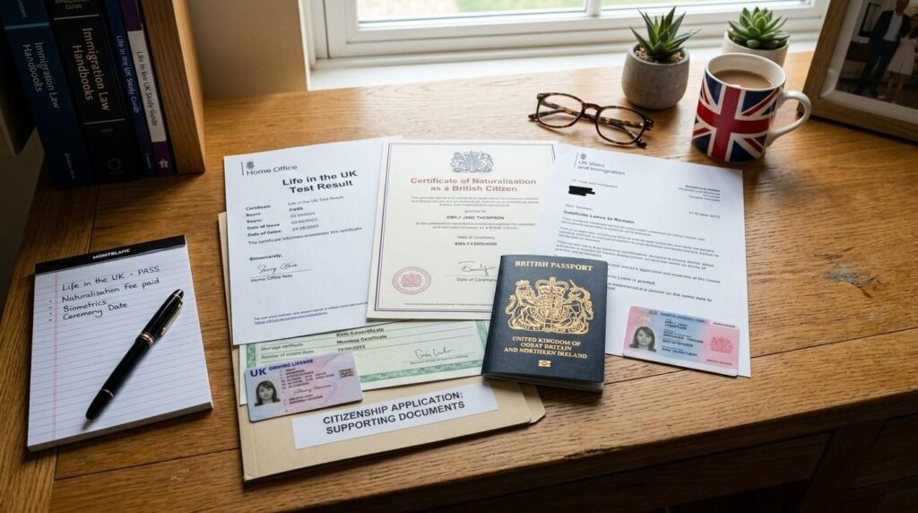 ILR application documents on a desk including passports, utility bills, and bank statements, ready for submission in Birmingham.