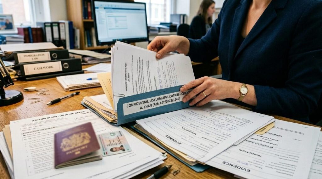 Hands of an immigration solicitor organising asylum application documents, including identity papers and witness statements.