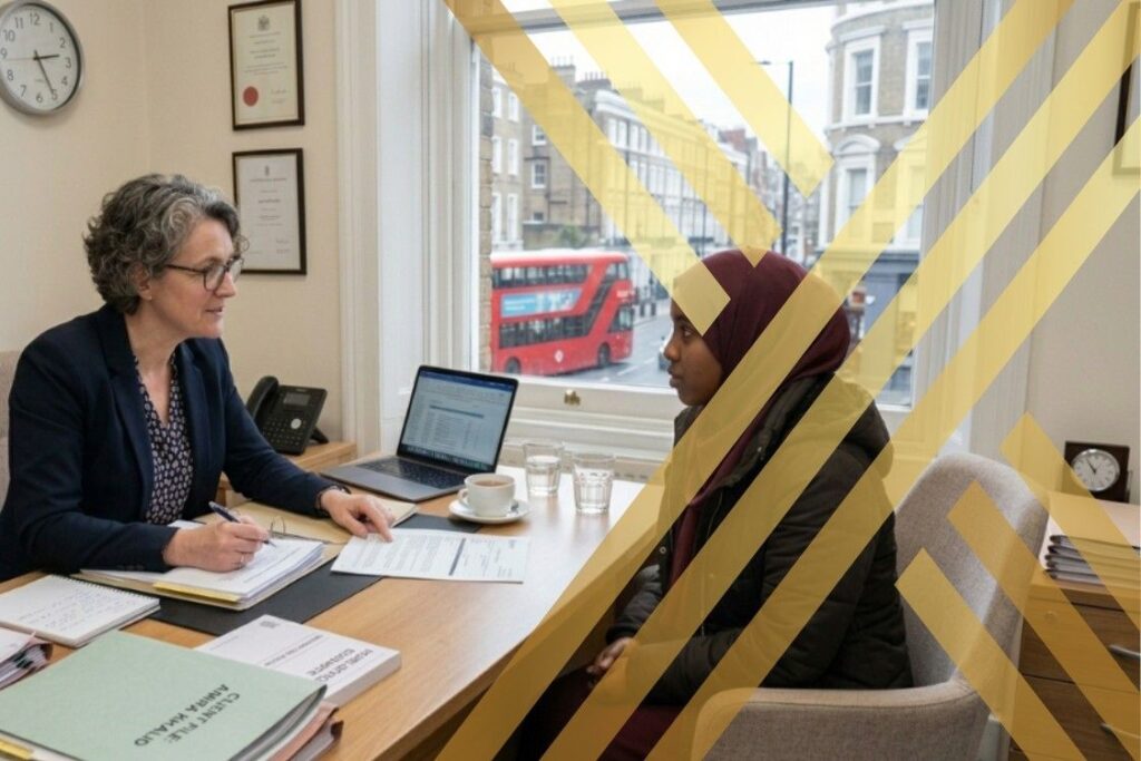 Asylum lawyer in London discussing an application with a client in a professional office, offering guidance and support.