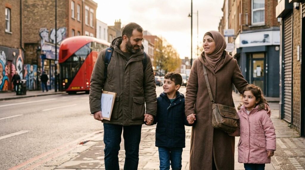 (A family of refugees in London, parents with children, showing hope and togetherness while seeking asylum in the UK.)Asylum lawyers London
