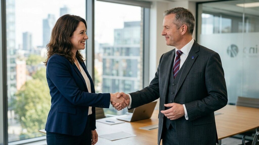 A Manchester business professional shaking hands with a solicitor after a successful visa process.