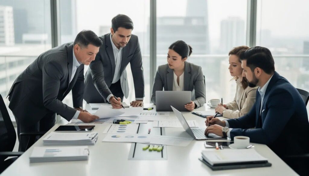 A group of professionals is gathered around a conference table, intently reviewing documents related to shareholder agreements.