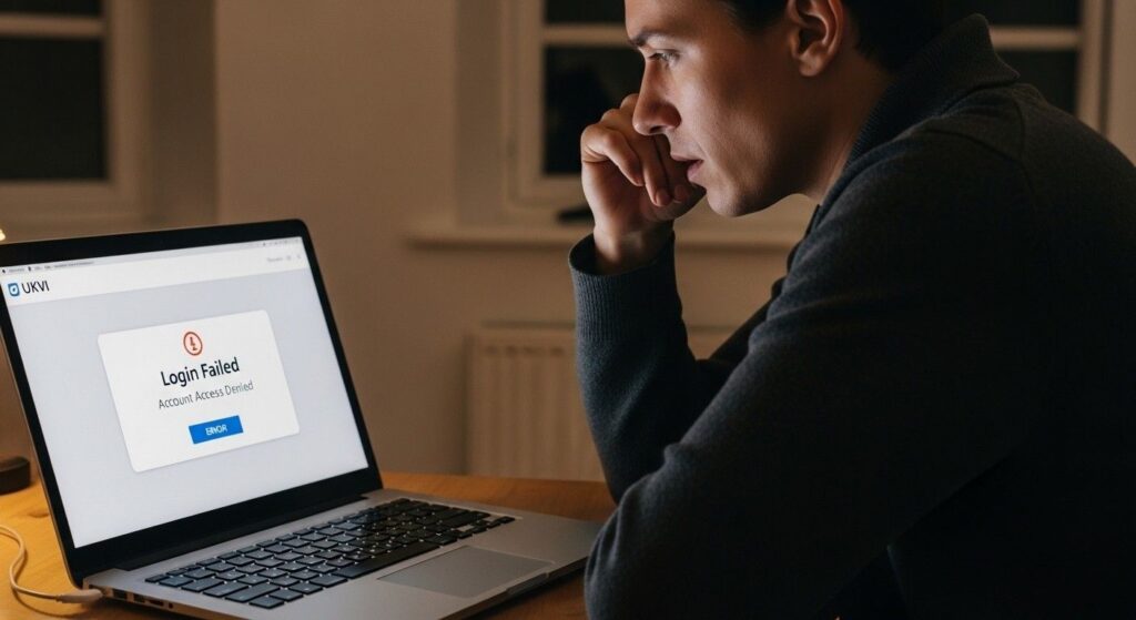 Individual looking concerned while viewing a login error message on a laptop screen, during an attempt to access their UKVI account.