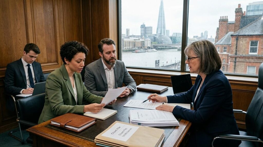 Couple consulting a family law solicitor in London about civil partnership, discussing legal documents and next steps.
