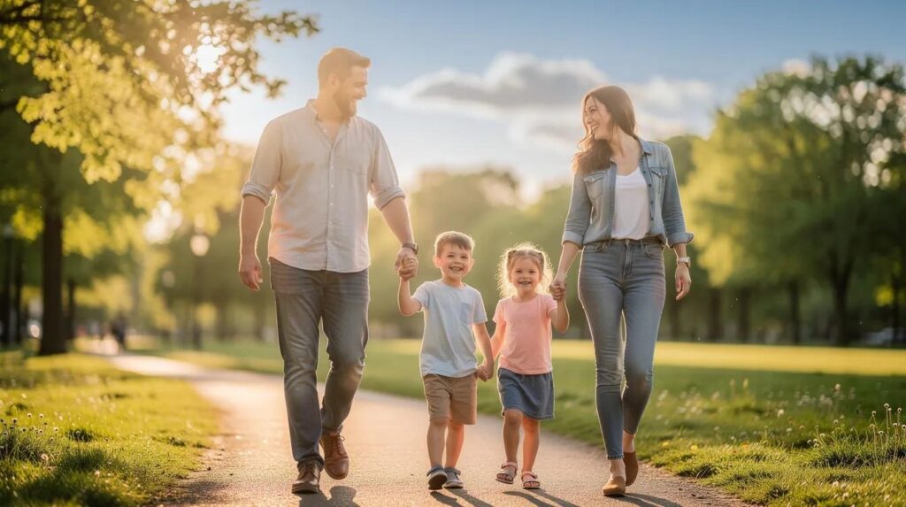 A joyful family is walking together in a park, reflecting a sense of community and support for those navigating the complexities of UK immigration law & family visas.