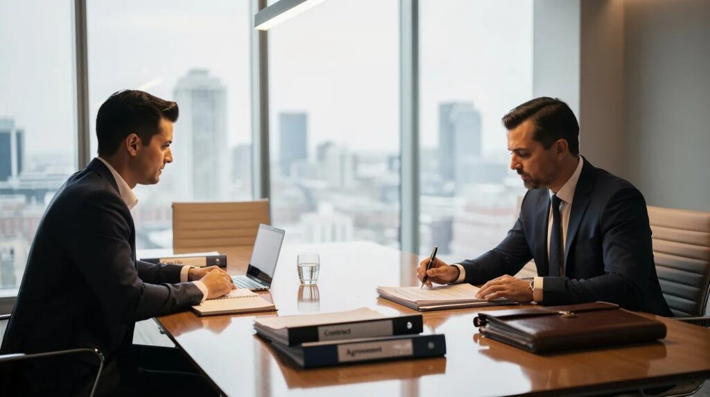 (Birmingham immigration lawyer consulting a client about ILR application in a modern office, discussing settlement options and legal advice.) ILR application Birmingham