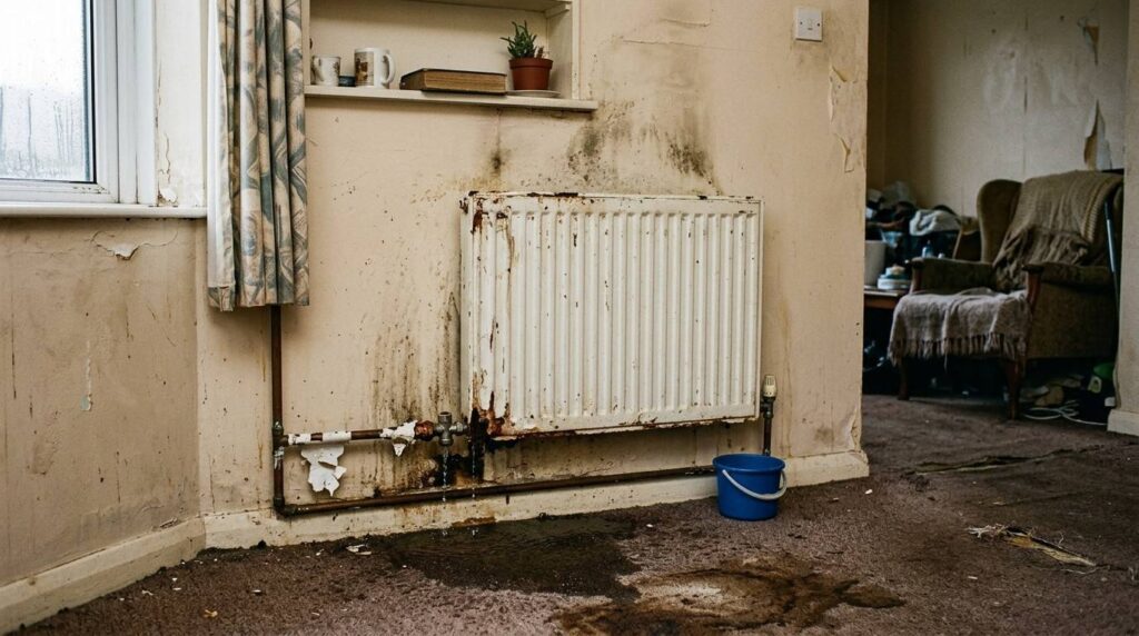 (A broken radiator in a social housing property, showing an example of disrepair eligible for legal action under UK housing law.)social housing solicitor