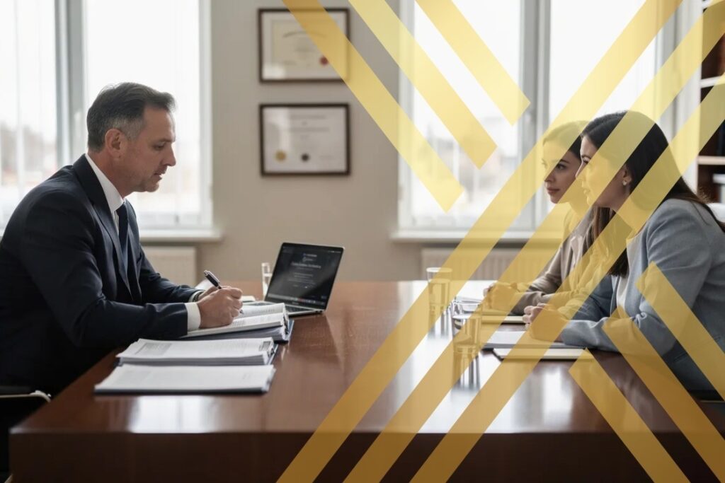 An experienced immigration solicitor Manchester is consulting with clients across a desk, providing expert legal advice on UK appeal rights and immigration matters.