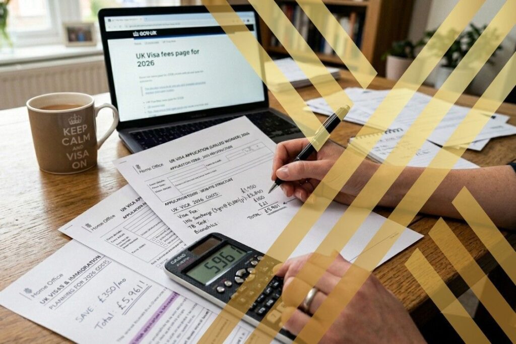 (Hands calculating UK visa fees with passport and application forms, illustrating planning for increased UK visa costs in 2026.) increase in UK visa fees