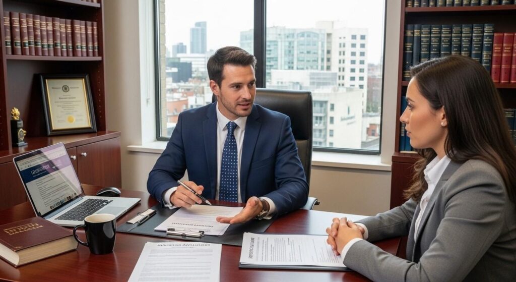 Solicitor advising a client on property injunction application, with costs and risk factors involved, in a professional office setting.