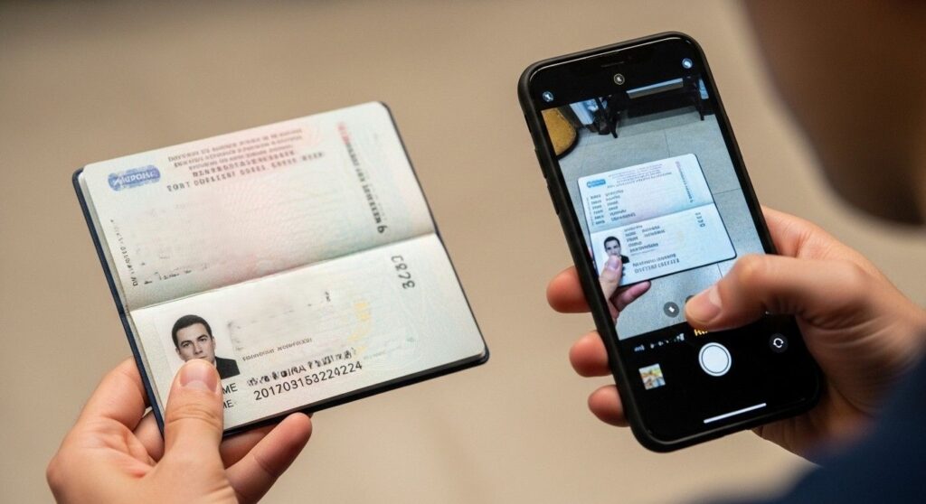 Person scanning the passport using a smartphone for identity verification, completing facial recognition as part of setting up a UKVI online immigration account.