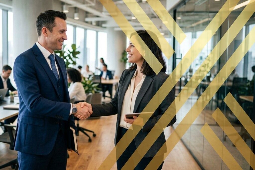 In a modern office environment, two business professionals are shaking hands, symbolising a successful shareholders agreement.